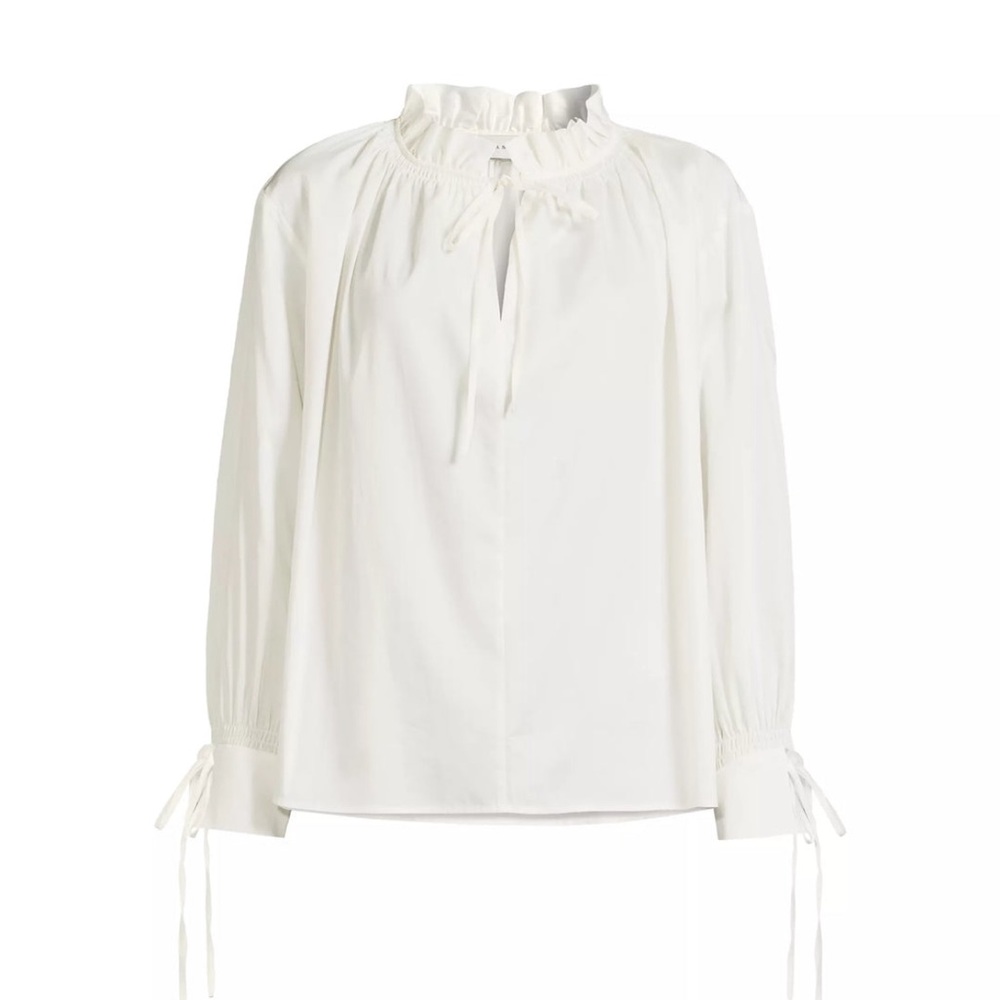 Harshman Los Angeles Audrey Tie Ruffle Collar White Cotton Poplin Blouse SMALL